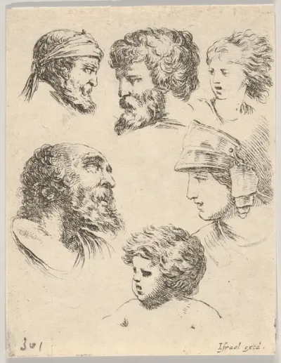 Plate 10: Six heads, three bearded men, one soldier, and two children, from "The Book for Learning to Draw" (Livre pour apprendre à dessiner)