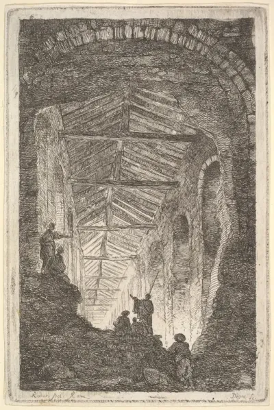 Plate 10: The Ancient Gallery: a large covered gallery, light entering from the background, six figures standing atop piles of rocks in the foreground, from "Les soirées de Rome"