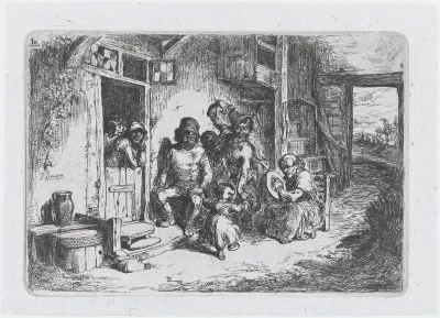 Plate 10: two figures dancing, another seated playing a drum, from "Customs and Pastimes of the Spanish People"