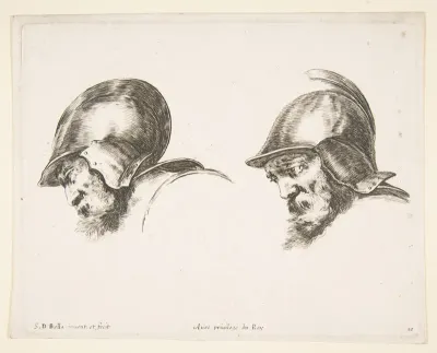 Plate 10: two heads of old soldiers wearing helmets, both facing left and looking downwards, from "The principles of design" (I principii del disegno)
