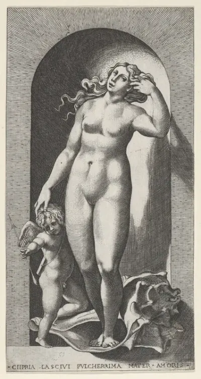 Plate 10: Venus in a niche, standing on a conch shell, with Cupid to her right, from "Mythological Gods and Goddesses"