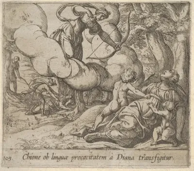 Plate 105: Diana aiming her bow toward Chione, who is accompanied by two children, in another scene at left Mercury approaches the sleeping Chione, from "The Metamorphoses of Ovid"