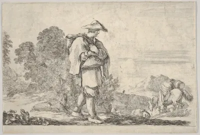 Plate 11: A peasant wearing a hat at center, walking towards the right, a horse descending a mountain to right in the background, trees to left in the background, from "Twelve Landscapes" (Suite de douze paysages)