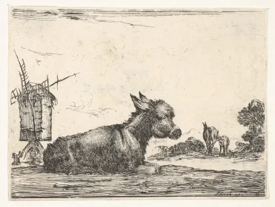 Plate 11: a resting donkey, a horse and a foal to right and a windmill to left in the background, from "Various Figures" (Agréable diversité de figures)
