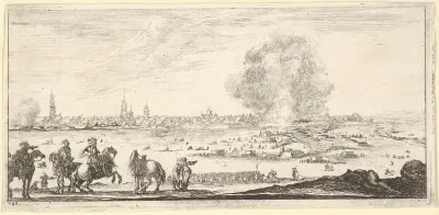 Plate 11: an attack on a city, horsemen in foreground, clouds of smoke and a cityscape in background, from "Troops, cannons, and attacks on towns" (Dessins de quelques conduites de troupes, canons, et ataques de villes)