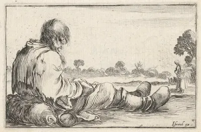 Plate 11: An old man sitting on the ground to left, seen from behind, a peasant woman seen from behind to right in background, from "Caprice faict par de la Bella"