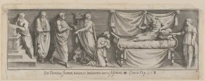 Plate 11: Bathsheba interceding with David for Solomon, from Genesis 27, after a lost fresco in the basamento of Bay 11 of the Vatican Loggia