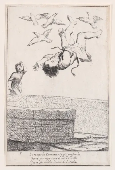 Plate 11: Bertoldino falling into the fish pond, from "Bertoldo, Bertoldino, and Cacasenno"