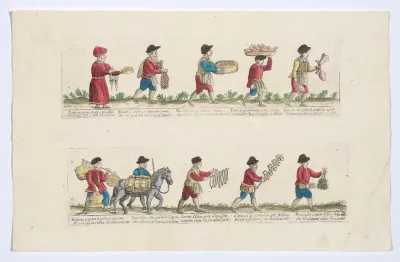 Plate 11 depicting the trades of Rome, here including vendors of pigs heads, milk, wine etc, from the 'Descrición de las artes que se llaman para los calles de la ciudad de Roma'