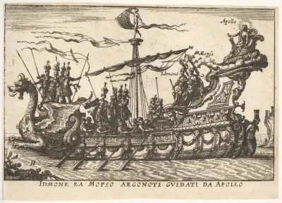 Plate 11: Idmon and Mopsus guided by Apollo (Idmone ea Mopso Argonoti guidati da Apollo), from "The magnificent pageant on the river Arno in Florence for the marriage of the Grand Duke" (Le Magnifique carousel fait sur le fleuve de l'Arne a Florence,