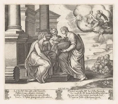 Plate 11: Psyche offering presents to her sisters who also appear on the clouds at upper right, from "The Story of Cupid and Psyche as told by Apuleius"
