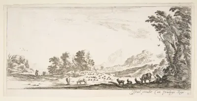 Plate 11: shepherdess seated to the right under a tree, watching her flock to the left, mountains to right in the background, from 'Various landscapes' (Divers paysages)