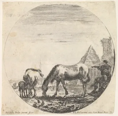 Plate 11: the pyramid of Caius Cestius, a horse grazing, a foal suckling a mare, a seated shepherd and another standing, from "Roman landscapes and ruins" (Paysages et ruines de Rome)