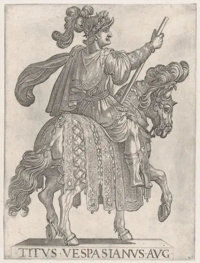 Plate 11: Titus Vespasian on horseback facing right, from "The First Twelve Emperors of Ancient Rome"