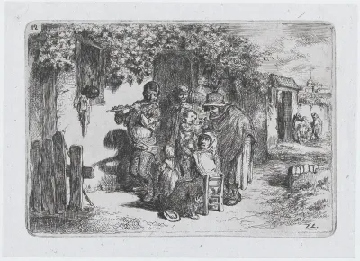 Plate 12: a group of people outdoors including a boy playing a flute, from "Customs and Pastimes of the Spanish People"