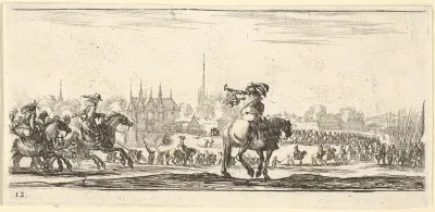Plate 12: a procession of troops enter a city, horseman in center playing a trumpet towards the left, horsemen at left galloping towards the right, from "Troops, cannons, and attacks on towns" (Dessins de quelques conduites de troupes, canons, et ata