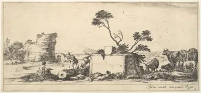 Plate 12: a seated draughtsman to left, a standing shepherd next to him to right, ruins and animals to the right, a tower in ruins to left in the background, from "Various Landscapes" (Divers Paysages)