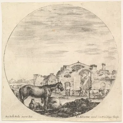 Plate 12: a shepherd sleeping on the ground, the Baths of Diocletian in the background, from "Roman landscapes and ruins" (Paysages et ruines de Rome)