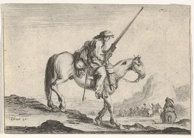 Plate 12: A soldier on horseback, holding a musket in his right hand, in profile descending a slope towards the right, other soldiers on horseback to right in the background, from "Various Figures" (Agréable diversité de figures)