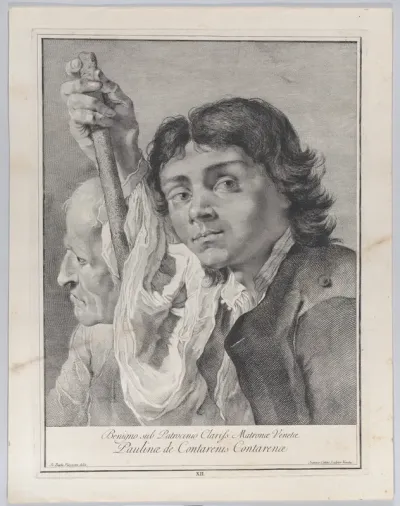 Plate 12: A young man leaning on a staff looking outward, with an old man behind to his right, from "Icones ad vivum expressae"