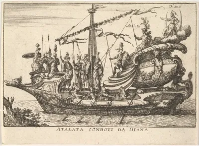 Plate 12: Atalanta led by Diana (Atalata condoti da Diana), from "The magnificent pageant on the river Arno in Florence for the marriage of the Grand Duke" (Le Magnifique carousel fait sur le fleuve de l'Arne a Florence, pour le mariage du Grand Duc)