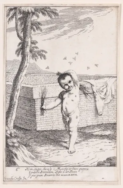 Plate 12: Bertoldino whipping himself to kill flies, from "Bertoldo, Bertoldino, and Cacasenno"