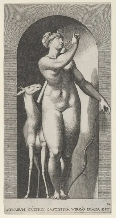 Plate 12: Diana standing in a niche, twisting to her left and pulling an arrow out of a quiver, with a deer to her right, from "Mythological Gods and Goddesses"