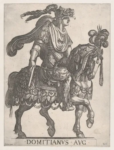 Plate 12: Emperor Domitian on horseback facing right, from "The First Twelve Emperors of Ancient Rome"
