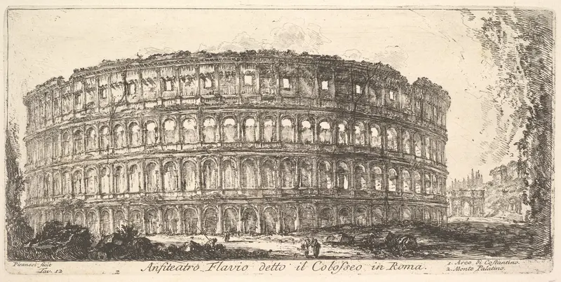 Plate 12: Flavian Amphitheater, called the Colosseum. 1. Arch of Constantine. 2. Palatine Hill. (Anfiteatro Flavio detto il Colosseo in Roma. 1. Arco di Costantino. 2. Monte Palatino.), from "Antichità Romane de' Tempi della Repubblica, e de' primi I