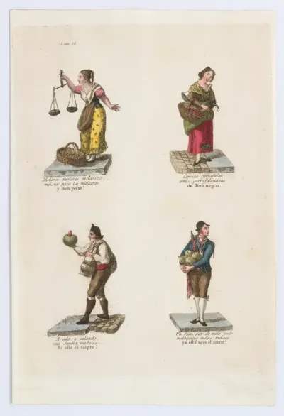 Plate 12: four street vendors from Madrid selling dried fruit, cherries, and melons, from 'Los Gritos de Madrid' (The Cries of Madrid)