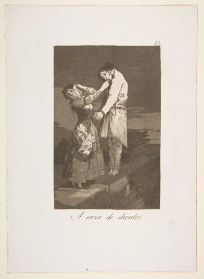 Plate 12 from "Los Caprichos": Out hunting for teeth (A caza de dientes)