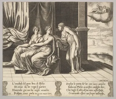 Plate 12: Psyche's sisters persuade her a serpent is sleeping with her, from "The Fable of Cupid and Psyche"