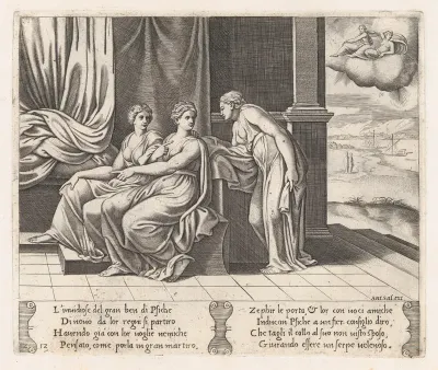 Plate 12: Psyche's sisters persuading Psyche that she has been sleeping with a serpent, from "The Story of Cupid and Psyche as told by Apuleius"