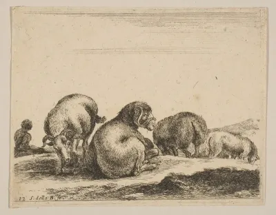 Plate 12: Sheep and ram in a pasture, from "Various animals" (Diversi animali)