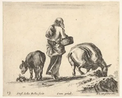 Plate 13: a peasant woman, seen from the back, holding a basket in center, a donkey to left and a horse with a pack on its back to right, from "Diversi Capricci"