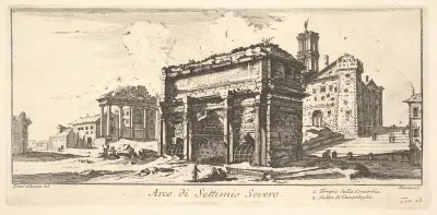 Plate 13: Arch of Settimius Severus 1. Temple of Concord. 2. Ascent to the Capitoline Hill (Arco di Settimio Severo. 1. Tempio della Concordia. 2. Salita di Campidoglio.), from "Antichità Romane de' Tempi della Repubblica, e de' primi Imperatori"