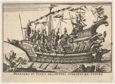 Plate 13: Argonauts Meleager and Tydeus led by Cupid (Meleagro et Tideo Argonotes condotti da Cupido), from "The magnificent pageant on the river Arno in Florence for the marriage of the Grand Duke" (Le Magnifique carousel fait sur le fleuve de l'Arn