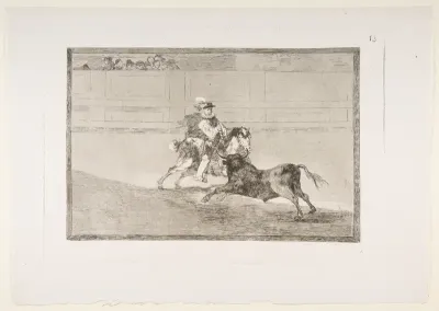 Plate 13 of  "La Tauromaquia": A Spanish mounted knight in the ring breaking short spears without the help of assistants