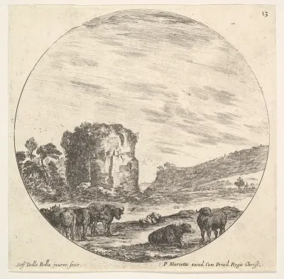 Plate 13: ruins of an ancient temple in the background, a herd of cows in the foreground, from "Roman landscapes and ruins" (Paysages et ruines de Rome)