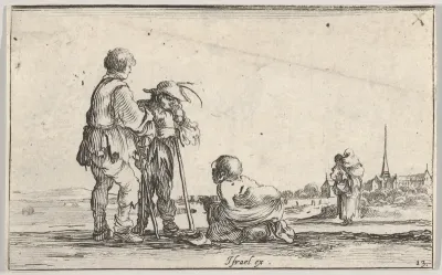 Plate 13: Two peasants standing to left, a cripple kneeling on the ground in center, a woman carrying a child seen from behind to right in middleground, a church to right in background, from "Caprice faict par de la Bella"