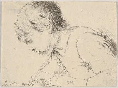 Plate 14: A child writing with a quill, facing left in profile, from "Various heads and figures" (Diverses têtes et figures)