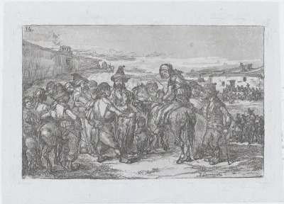 Plate 14: a large group of people outdoors, possibly a troupe of actors, from "Customs and Pastimes of the Spanish People"
