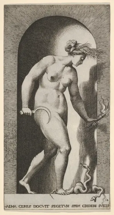 Plate 14: Ceres in a niche, facing right, standing over a two-headed snake and holding a half-moon sickle in her right hand and a torch in her left hand, from "Mythological Gods and Goddesses"