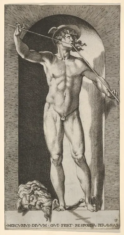 Plate 14: Mercury standing in a niche playing his pipes, with the severed head of an old man and a sword at his feet, from "Mythological Gods and Goddesses"