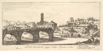 Plate 14: Senatorial Bridge, today called the Ponte Rotto (Broken Bridge). 1. Temple of Vesta. 2. Temple of Fortuna Virilis. 3. Part of the ancient Palatine. (Ponte Senatorio oggi detto Ponte rotto), from "Antichità Romane de' Tempi della Repubblica,