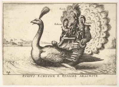 Plate 14: The Argonauts Eurytus, Echion, and Aethalides (Eurito Echione e Etalide Argonote), led by Mercury in the form of a peacock, from "The magnificent pageant on the river Arno in Florence for the marriage of the Grand Duke" (Le Magnifique carou