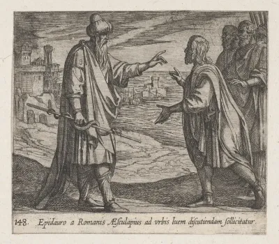 Plate 148: Aesculapius Speaking to the Romans (Epidauro a Romanis AEsculapius ad urbis luem discutiendam sollicitatur), from Ovid's 'Metamorphoses'