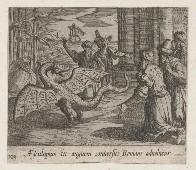 Plate 149: Aesculapius as a Serpent, Among the Romans (AEsculapius in anguem conversus Roman advehitur), from Ovid's "Metamorphoses"