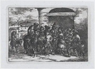 Plate 15: a group of people outdoors, possibly a troupe of actors, from "Customs and Pastimes of the Spanish People"