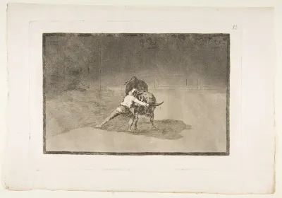 Plate 15 from "La Tauromaquia": The famous Martincho places the banderillas playing the bull with the movement of his body